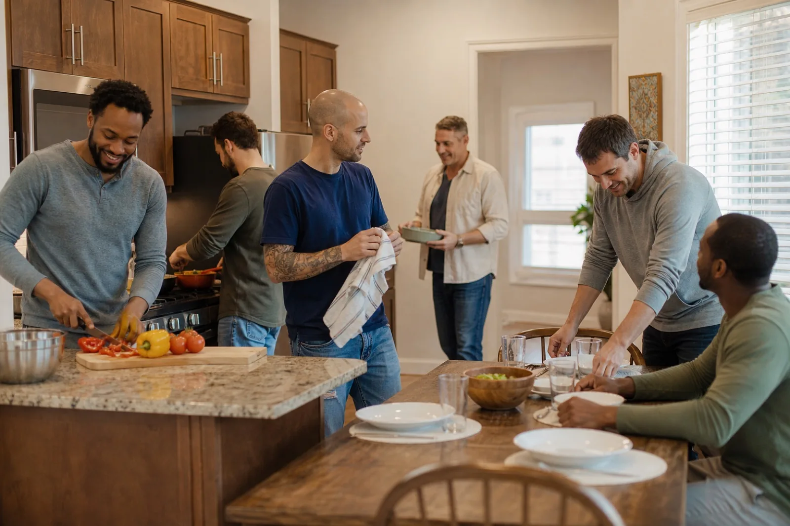 Residents sharing everyday life in a sober living home kitchen