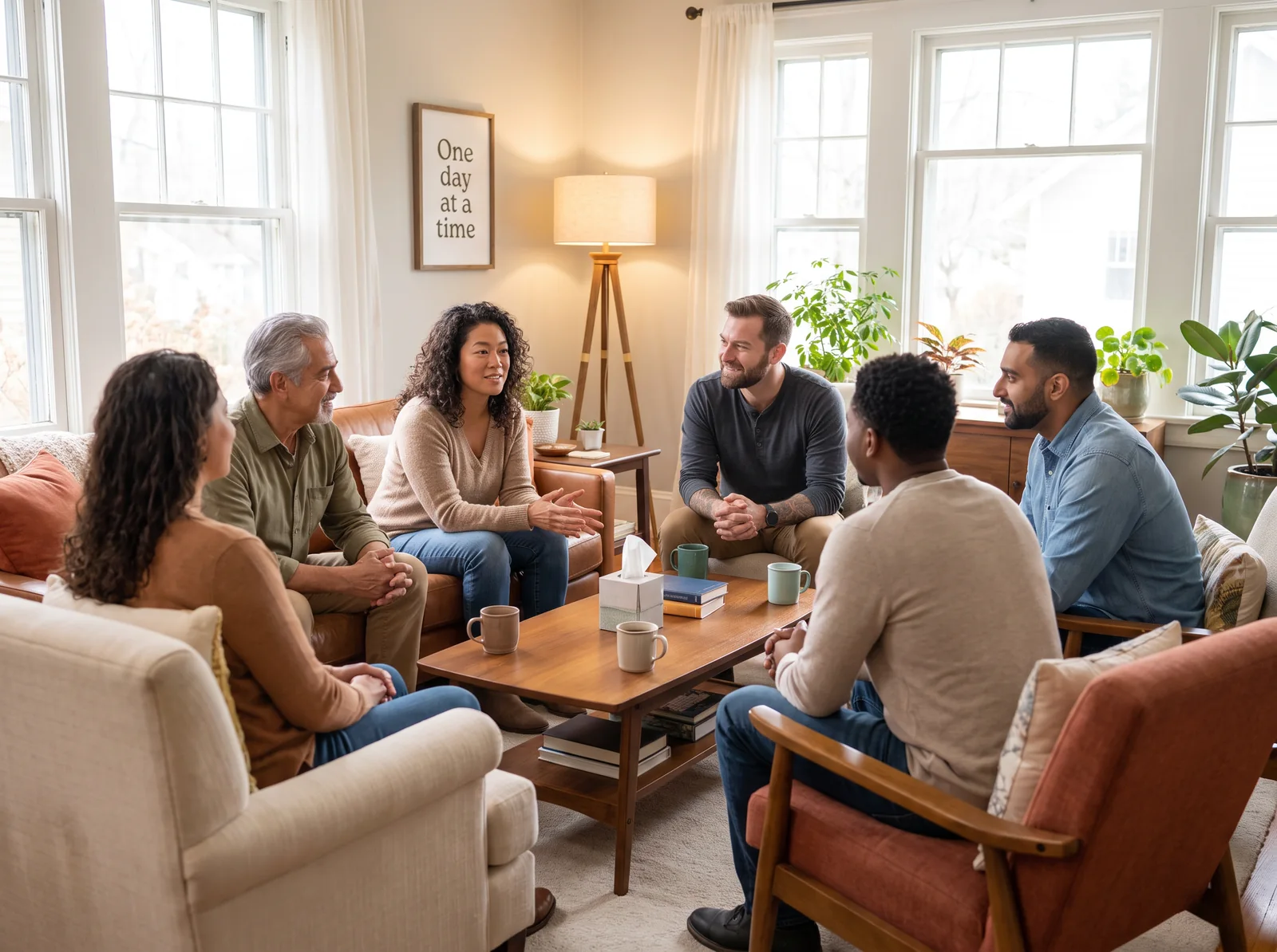 Residents of a sober living home sharing a support circle in a bright living room